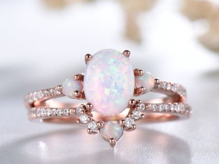 Women White Fire Opal Engagement Ring Set with Three Stone Cheap