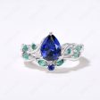 Nature Inspired Pear Blue Sapphire Ring Set Vintage Sapphire Emerald Bridal Ring Set Twig Leaf Vine Wedding Ring September Birthstone Jewelry Online now