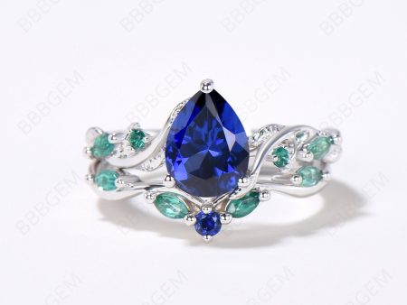 Nature Inspired Pear Blue Sapphire Ring Set Vintage Sapphire Emerald Bridal Ring Set Twig Leaf Vine Wedding Ring September Birthstone Jewelry Online now