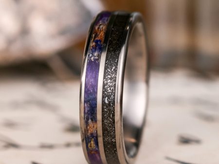 (In-Stock) Custom Men s Titanium Wedding Band with Meteorite Dust & Lavender Inlays - Size 8.25 | 6mm Wide Online Hot Sale