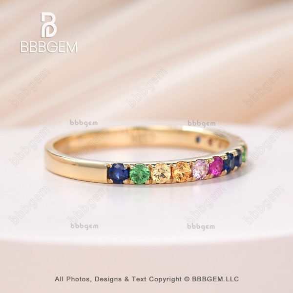 18K Yellow Gold Rainbow Sapphire Wedding Band In Half Eternity Pave Family Anniversary Ring Cheap