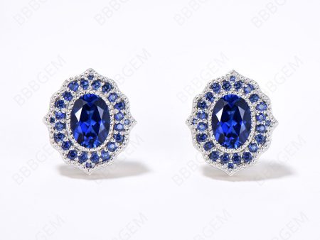 Milgrain Sapphire Studs Earrings Vintage Oval Cut Blue Sapphire Studs 14K White Gold September Birthstone Earrings Blue Gemstone Halo Wedding Earrings For Discount