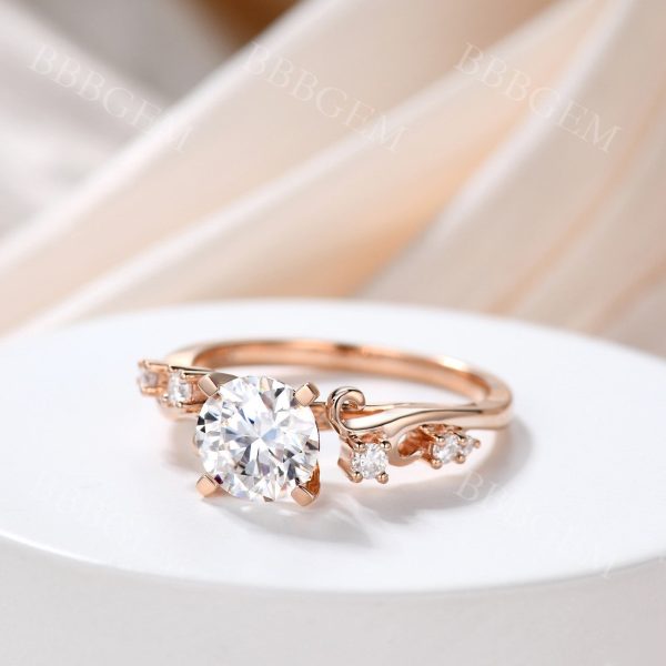 1.2 Carat Round Cut Forever One Moissanite Wedding Ring In 14k Pink Gold Twig Vine Moissanite Band For Discount