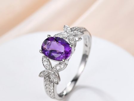 Purple Amethyst engagement ring-Solid 14k White gold-handmade diamond ring-Butterfly flower-6x8mm Oval cut gemstone promise ring Online Sale