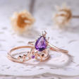 Natural Amethyst Purple Crystal Ring Set 2 Pieces Pear Cut Shaped Band Wedding Ring For Cheap