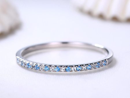 Blue Topaz and Diamond Wedding Rings 14k White Gold Thin Pave Half Eternity Band Anniversary Ring Online Hot Sale