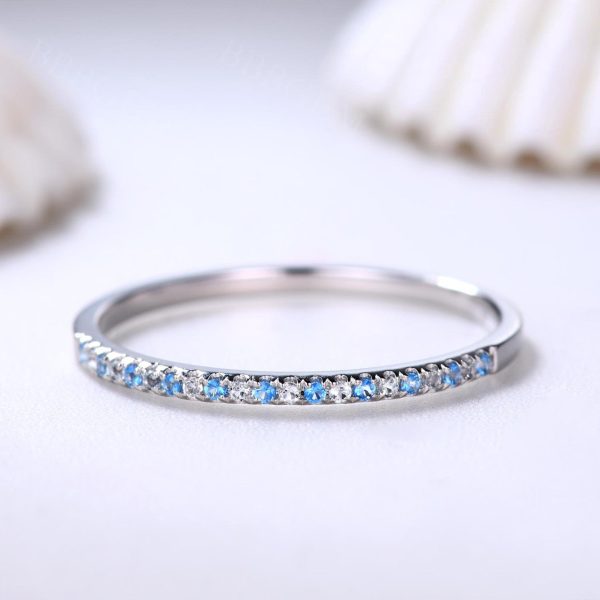 Blue Topaz and Diamond Wedding Rings 14k White Gold Thin Pave Half Eternity Band Anniversary Ring Online Hot Sale