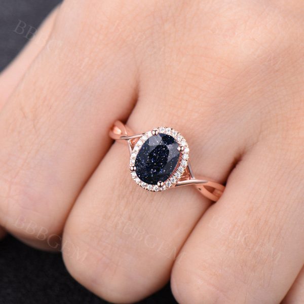 1.5CT Pink Gold Blue Sandstone Wedding Ring Diamond Halo Infinity Plain Gold Band Sale