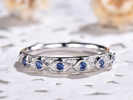 Vintage Sapphire And Diamonds Wedding Band for Women White Gold Stacking Ring Half Eternity Sale