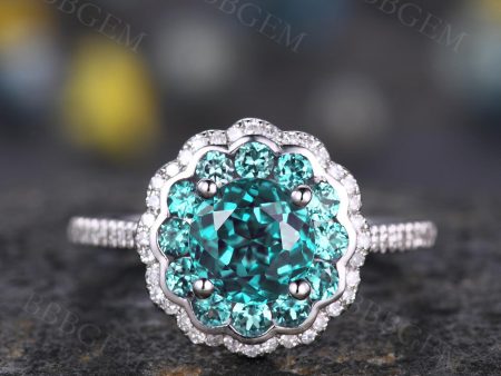 1 Carat Alexandrite Ring Floral Halo Engagement Ring Vintage Romantic Online now