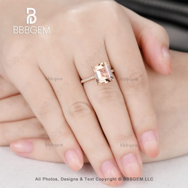 9x11mm 5 Carat Emerald Cut Morganite Engagement Ring Rose Gold Accent Diamonds Online Sale