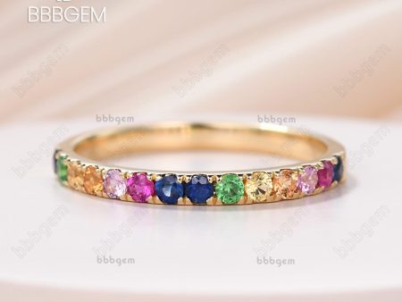 18K Yellow Gold Rainbow Sapphire Wedding Band In Half Eternity Pave Family Anniversary Ring Cheap