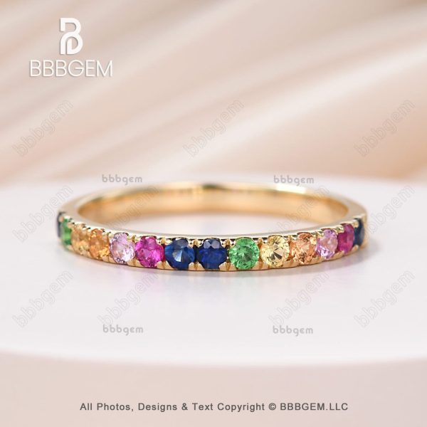 18K Yellow Gold Rainbow Sapphire Wedding Band In Half Eternity Pave Family Anniversary Ring Cheap