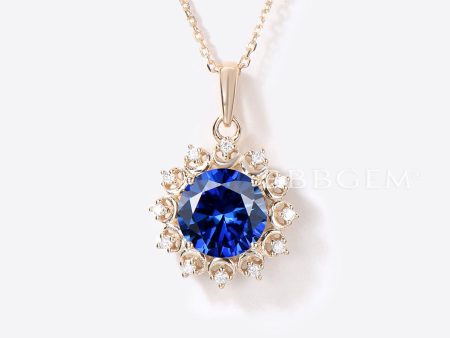 Moon Bridal Necklace 2CT Round Blue Sapphire Diamond Necklace Online Sale