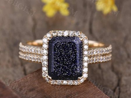 Yellow Gold Blue Sandstone Diamond Ring 8x10mm Emerald Cut Diamond Halo Ring For Sale