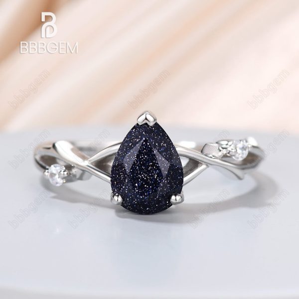 1.25ct Pear Cut Galaxy Blue Sandstone Wedding Ring In Pink Gold Twist Diamond Wedding Band Hot on Sale