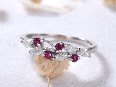 Antique Leaf Moissanite Ruby Wedding Band 14k White Gold Cluster Birthstone Ring Supply