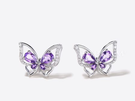 Teardrop Natural Amethyst Stud Earrings Unique Diamond Butterfly Earrings For Cheap