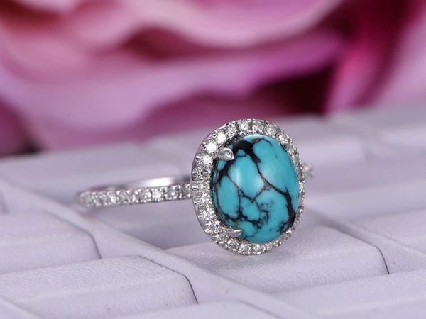 Diamond Halo Oval Turquoise Ring White Gold December Birthstone Jewelry For Sale