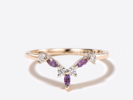 14k Gold Moissanite Amethyst Wedding Band 7 Stone Curved Matching Band Fashion