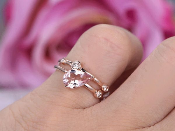 Unique 6x9mm Pear Shaped  Morganite Engagement Ring Set Coffee Drill Fashion