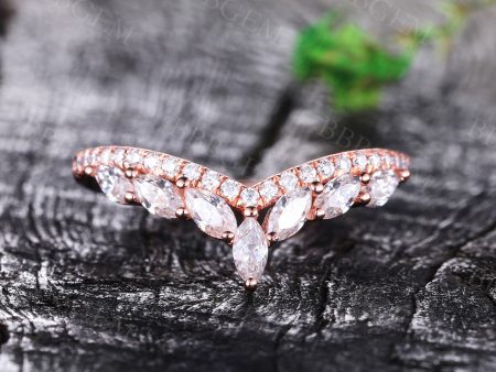 V Shaped Moissanite Wedding Band Solid Rose Gold Marquise & Round Cut Moissanite Stone For Sale