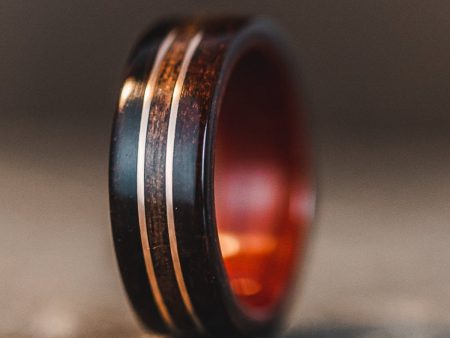 (In-Stock) Indian Rosewood Ring, Bloodwood Liner, Antique Walnut Center & Dual Rose Gold - Size 7.25 | 7mm Wide Online Sale