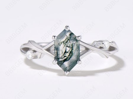 Women Moss Agate Long Hexagon Ring Twig Branch Green Agate Elongated Promise Ring White Gold 925 Silver on Sale