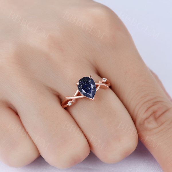 1.25ct Pear Cut Galaxy Blue Sandstone Wedding Ring In Pink Gold Twist Diamond Wedding Band Hot on Sale