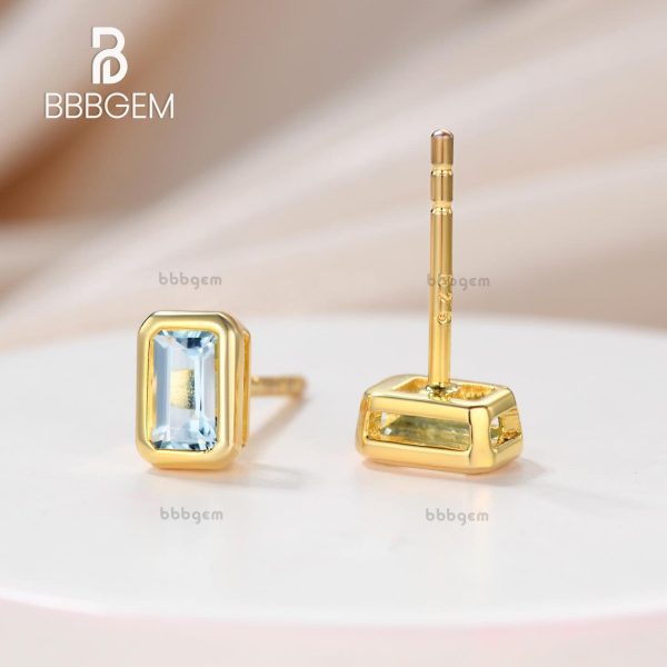 5x3mm Emerald Cut Aquamarine Bezel Set Stud Earring 14k Silver Yellow Gold Plated Solitaire Stud Earrings Sale