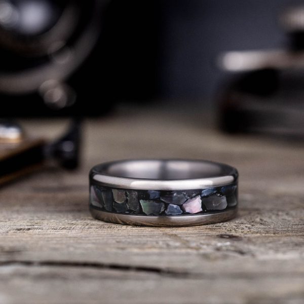 The Dark Tide | Men s Titanium Wedding Band with Black Mother of Pearl Supply