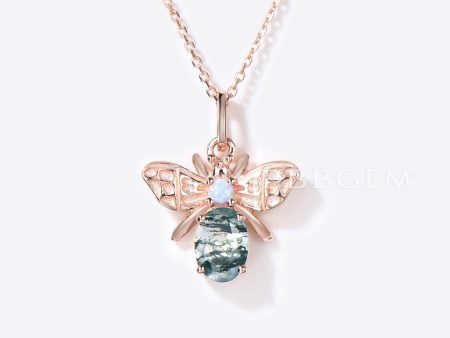 14K Rose Gold Honey Bee Necklace Natural Oval Moss Agate Charm Pendant Online Hot Sale