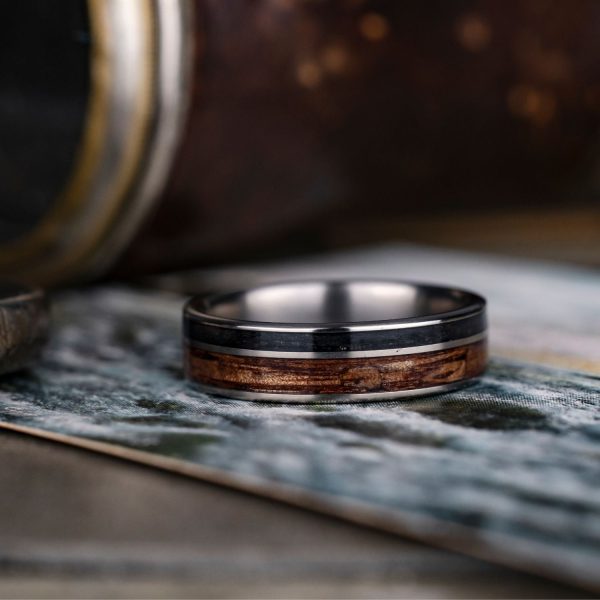 (In-Stock) Custom Men s Titanium Ring with Weathered Whiskey Barrel and Koa Wood - Size 13.75 | 7mm Wide Discount