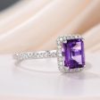 Natural 6x8mm Emerald Cut Amethyst Engagement Ring Diamond Wedding Ring 14k White Gold Halo Prong Set Supply