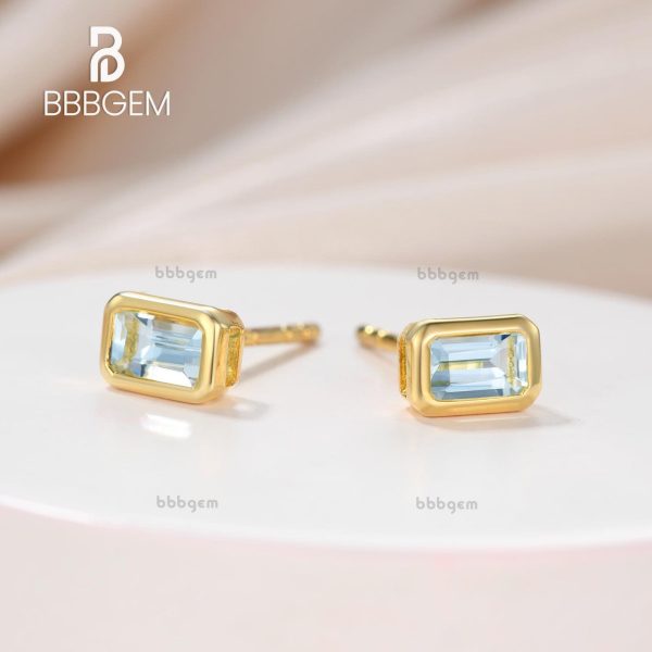 5x3mm Emerald Cut Aquamarine Bezel Set Stud Earring 14k Silver Yellow Gold Plated Solitaire Stud Earrings Sale