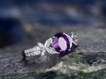 Purple Amethyst engagement ring-Solid 14k White gold-handmade diamond ring-Butterfly flower-6x8mm Oval cut gemstone promise ring Online Sale