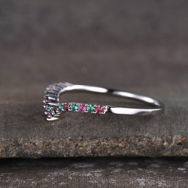 14K  18K Custom Pink Tourmaline  And Emerald White Gold Curved Wedding band Online now