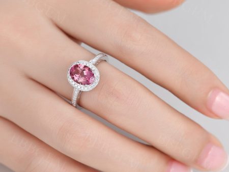 6x8mm Oval Pink Tourmaline Engagement Ring 14K White Gold 1.35ct Tourmaline Ring Diamond Ring Diamond Halo Ring,Half Eternity Diamond Band Cheap