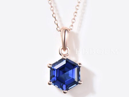 Silver Hexagon Cut Blue Sapphire Necklace 14k 18k Rose Gold Necklace Vintage Sapphire Solitaire Wedding Pendant September Birthstone Necklace For Discount