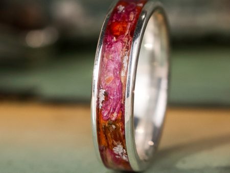 (In-Stock) Custom Silver Ring with Red Lilies & Silver Flakes - Size 9.5 | 5mm Wide Discount