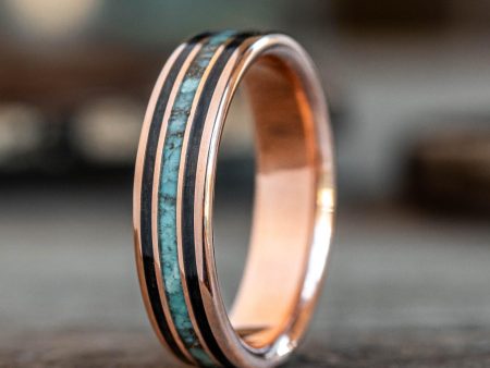 (In-Stock) Custom Men s 10k Rose Gold Whiskey Barrel & Turquoise Ring - Size 10.75 | 6mm Fashion