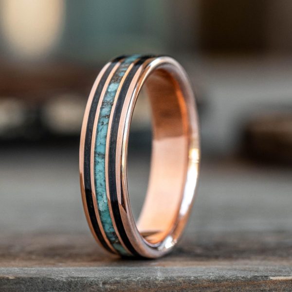 (In-Stock) Custom Men s 10k Rose Gold Whiskey Barrel & Turquoise Ring - Size 10.75 | 6mm Fashion