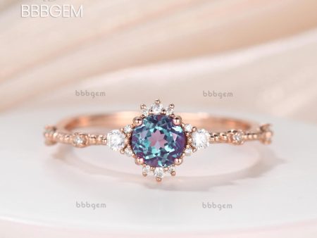 1 2 Carat Round Alexandrite And Diamond Ring Minimalist 14K 18K For Discount