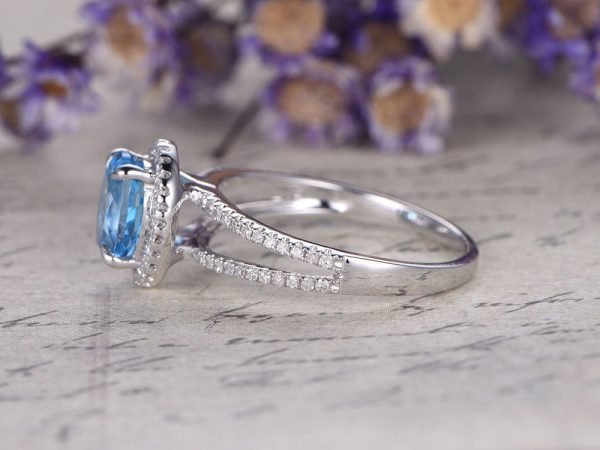 Sky Topaz engagement ring with diamond ,Solid 14k White gold,promise ring,bridal,6x8mm gem wedding ring,custom made fine jewelry,prong set Cheap