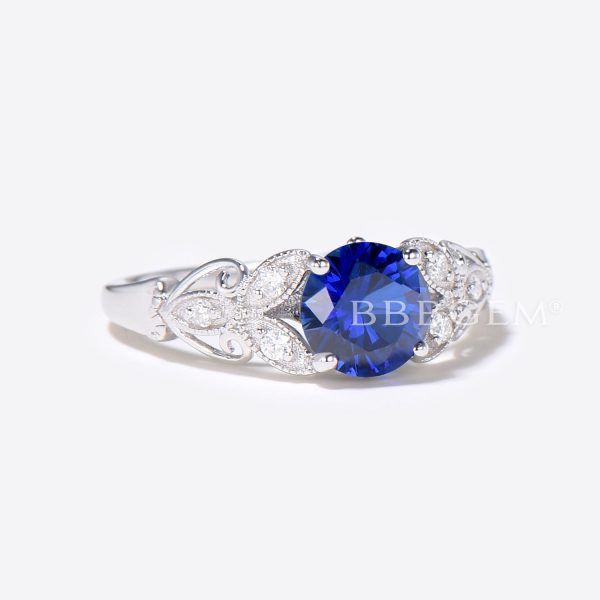 14K Gold Filigree Ring 1CT Round Blue Sapphire Engagement Ring Cheap