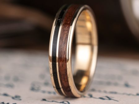 (In-Stock) Custom Men s 14k Yellow Gold Ring with Uniform Fabric & Dark Walnut Wood - Size 12.5 | 6mm Wide Online Sale