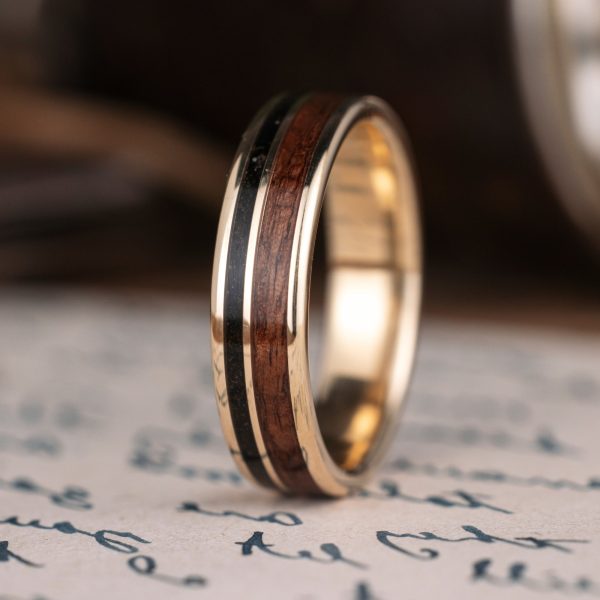 (In-Stock) Custom Men s 14k Yellow Gold Ring with Uniform Fabric & Dark Walnut Wood - Size 12.5 | 6mm Wide Online Sale