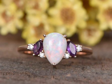 0.75ct Pear Shaped Natural Australia Opal Engagement Ring Amethyst Diamond Cluster Decor Hot on Sale