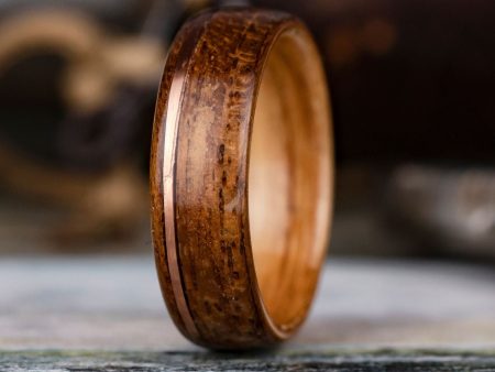 (In-Stock) Custom USS NC Teak Wood Ring with Natural Whiskey Barrel Liner & Offset Copper Inlay - size 9.75 | 7mm Wide Fashion