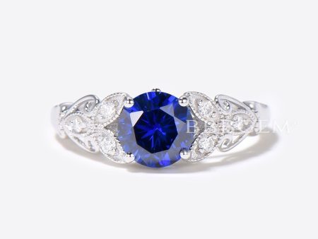 14K Gold Filigree Ring 1CT Round Blue Sapphire Engagement Ring Cheap